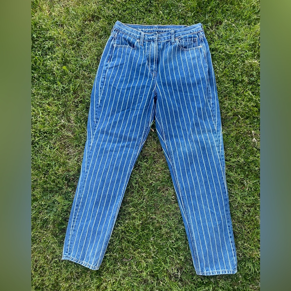 American Eagle Jeans Womens 4 Mom Jeans High Rise Striped Blue 100% Cotton